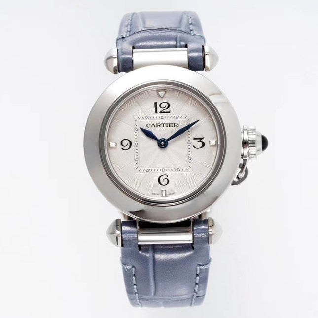 PASHA DE CARTIER WATCH SILVER CASE WITH STONE BLUE LEATHER STRAP