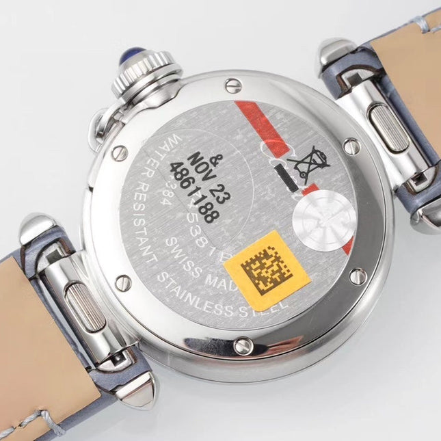 PASHA DE CARTIER WATCH SILVER CASE WITH STONE BLUE LEATHER STRAP