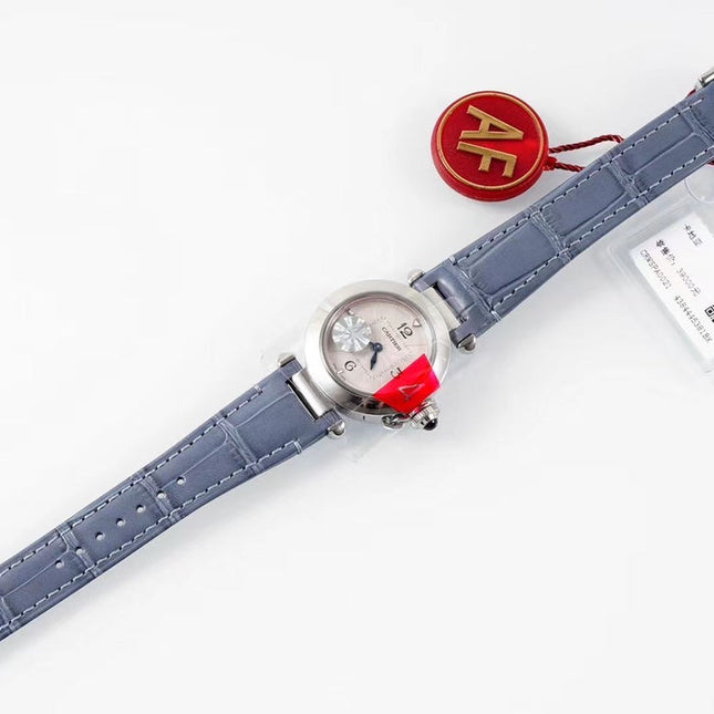 PASHA DE CARTIER WATCH SILVER CASE WITH STONE BLUE LEATHER STRAP