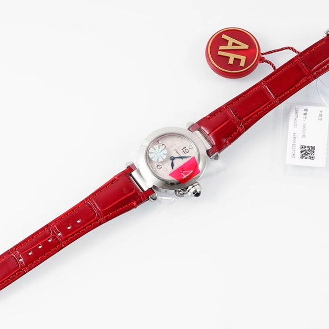 PASHA DE CARTIER WATCH SILVER CASE WITH CRIMSON RED LEATHER STRAP