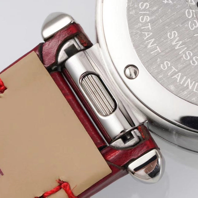 PASHA DE CARTIER WATCH SILVER CASE WITH CRIMSON RED LEATHER STRAP