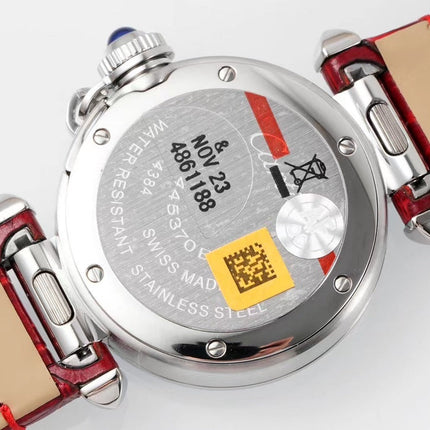 PASHA DE CARTIER WATCH SILVER CASE WITH CRIMSON RED LEATHER STRAP