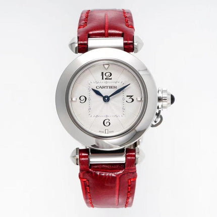 PASHA DE CARTIER WATCH SILVER CASE WITH CRIMSON RED LEATHER STRAP