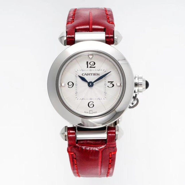 PASHA DE CARTIER WATCH SILVER CASE WITH CRIMSON RED LEATHER STRAP