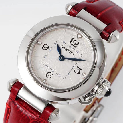 PASHA DE CARTIER WATCH SILVER CASE WITH CRIMSON RED LEATHER STRAP