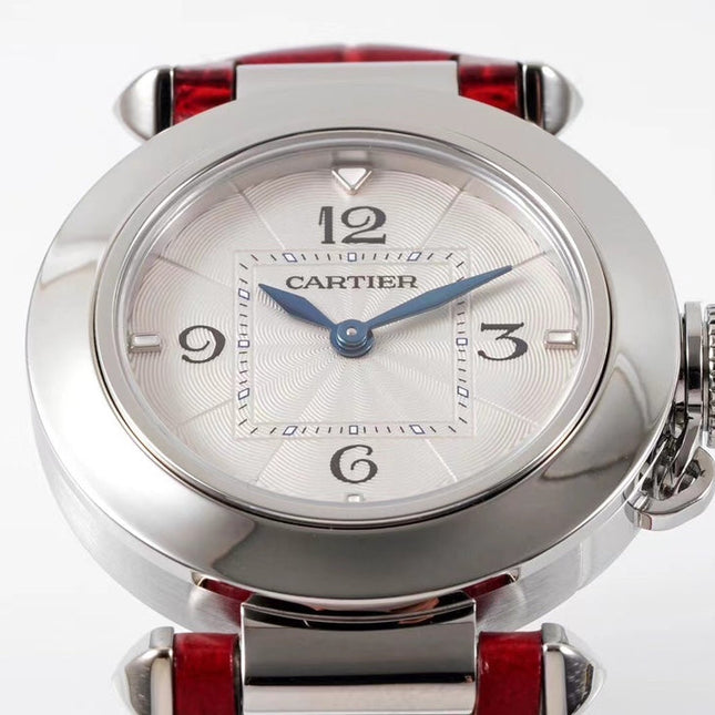 PASHA DE CARTIER WATCH SILVER CASE WITH CRIMSON RED LEATHER STRAP