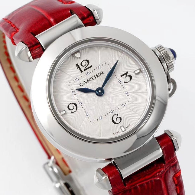 PASHA DE CARTIER WATCH SILVER CASE WITH CRIMSON RED LEATHER STRAP