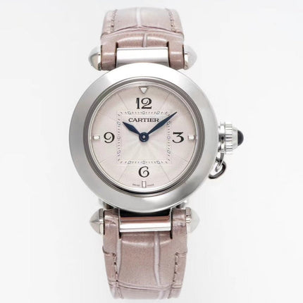PASHA DE CARTIER WATCH SILVER CASE WITH ROSE BROWN LEATHER STRAP
