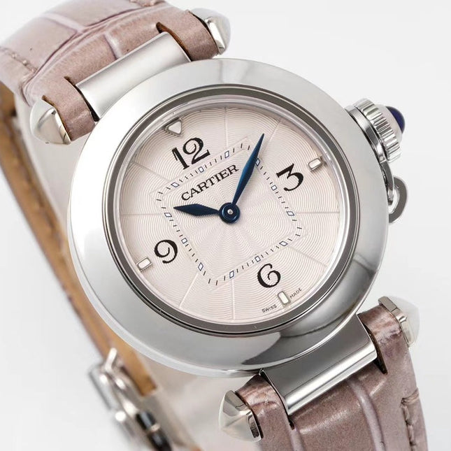 PASHA DE CARTIER WATCH SILVER CASE WITH ROSE BROWN LEATHER STRAP