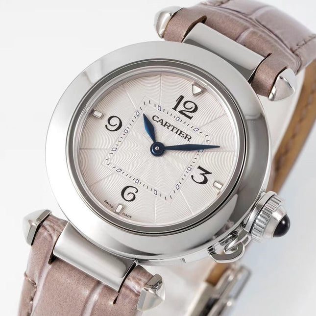 PASHA DE CARTIER WATCH SILVER CASE WITH ROSE BROWN LEATHER STRAP