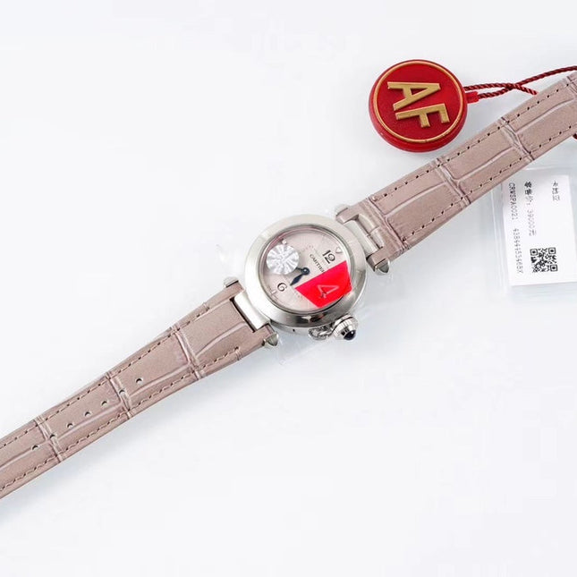 PASHA DE CARTIER WATCH SILVER CASE WITH ROSE BROWN LEATHER STRAP