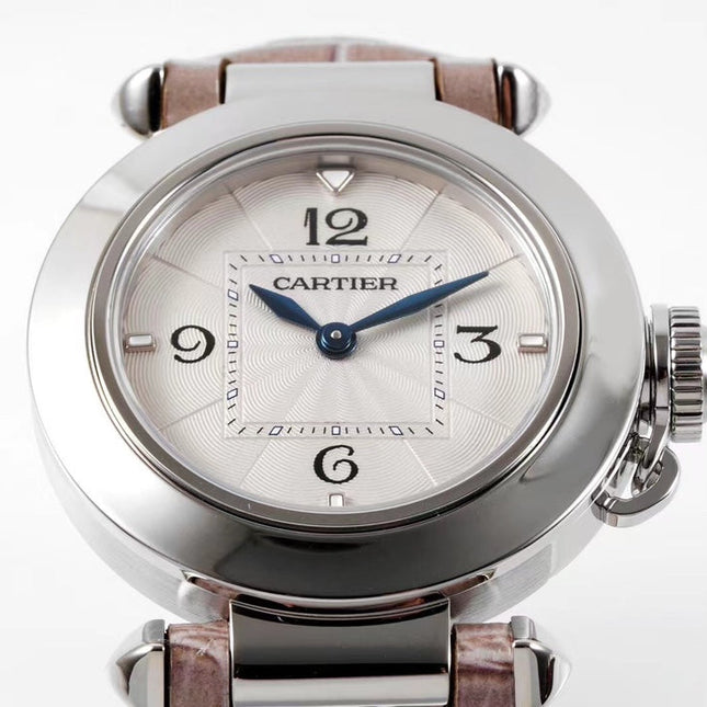 PASHA DE CARTIER WATCH SILVER CASE WITH ROSE BROWN LEATHER STRAP
