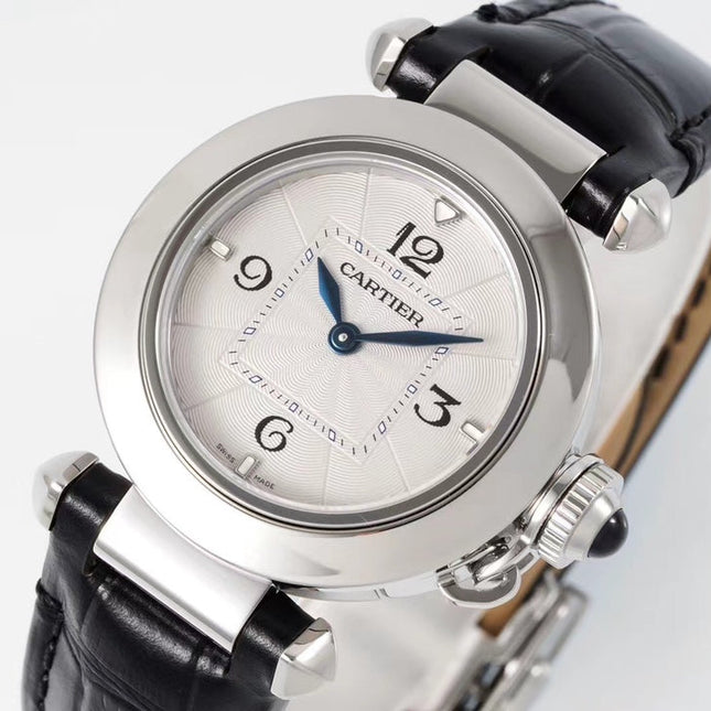 PASHA DE CARTIER WATCH SILVER CASE WITH BLACK LEATHER STRAP