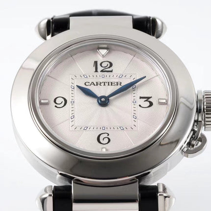 PASHA DE CARTIER WATCH SILVER CASE WITH BLACK LEATHER STRAP