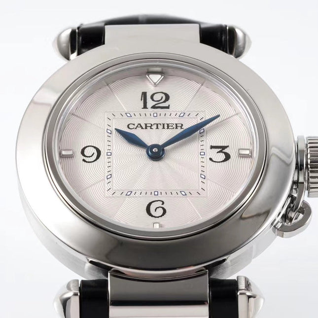 PASHA DE CARTIER WATCH SILVER CASE WITH BLACK LEATHER STRAP