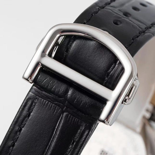 PASHA DE CARTIER WATCH SILVER CASE WITH BLACK LEATHER STRAP