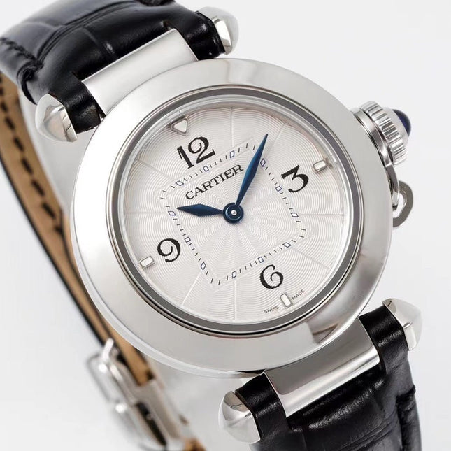 PASHA DE CARTIER WATCH SILVER CASE WITH BLACK LEATHER STRAP