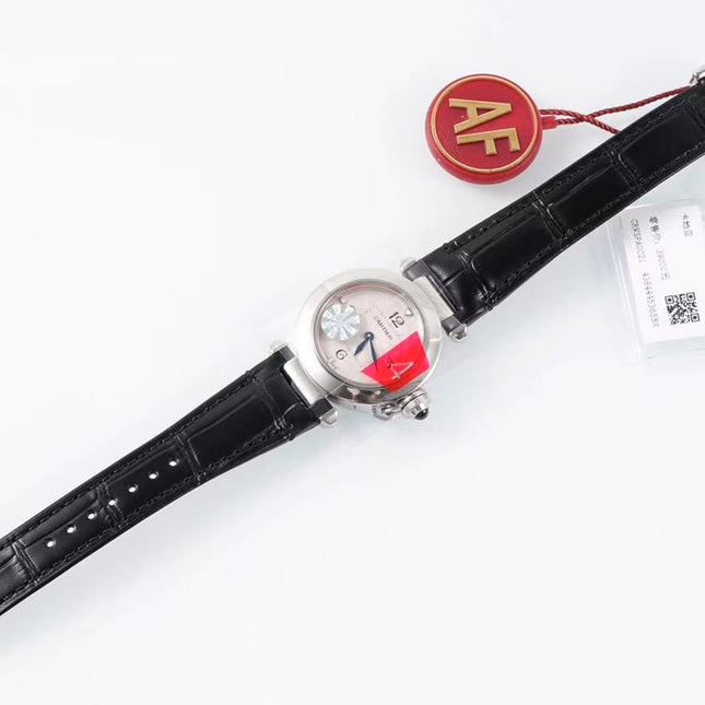 PASHA DE CARTIER WATCH SILVER CASE WITH BLACK LEATHER STRAP