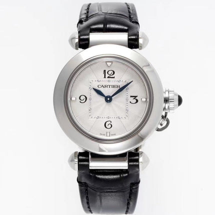 PASHA DE CARTIER WATCH SILVER CASE WITH BLACK LEATHER STRAP