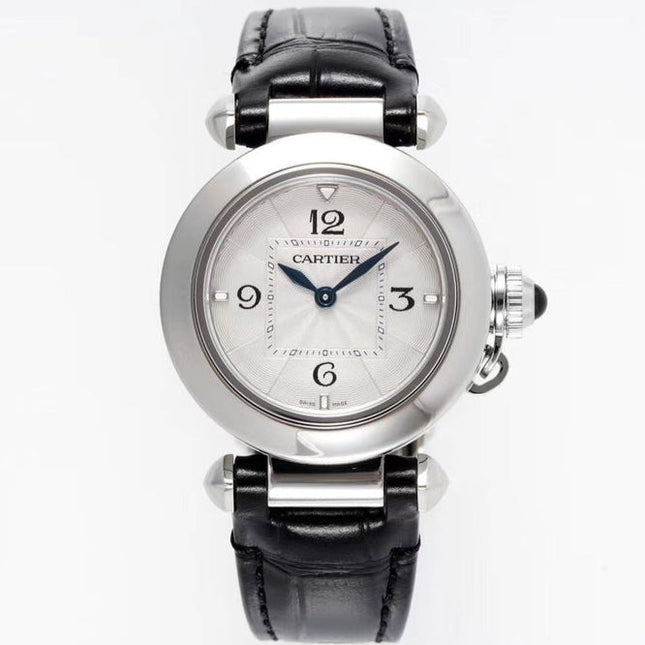 PASHA DE CARTIER WATCH SILVER CASE WITH BLACK LEATHER STRAP