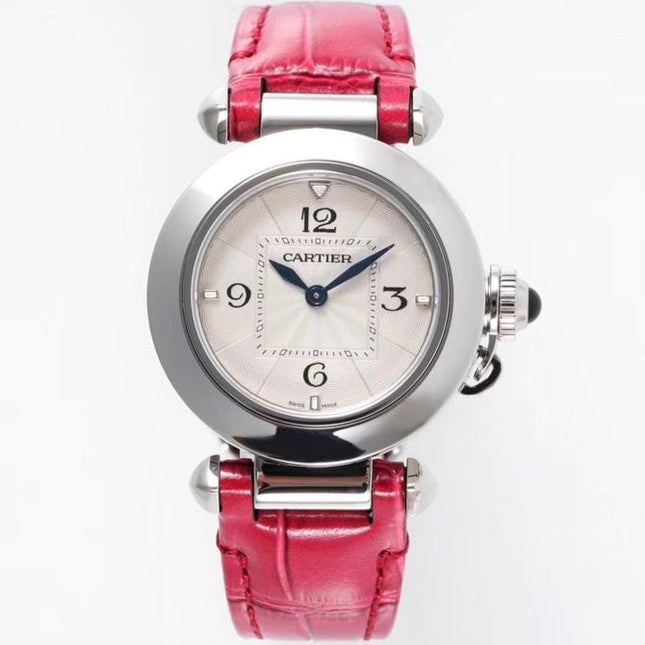 PASHA DE CARTIER WATCH SILVER CASE WITH CHERRY RED LEATHER STRAP