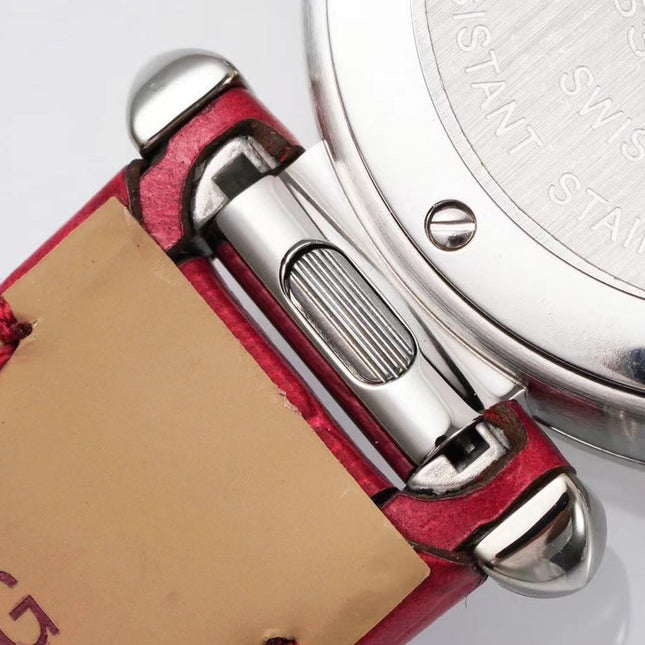 PASHA DE CARTIER WATCH SILVER CASE WITH CHERRY RED LEATHER STRAP