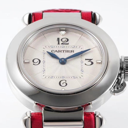 PASHA DE CARTIER WATCH SILVER CASE WITH CHERRY RED LEATHER STRAP