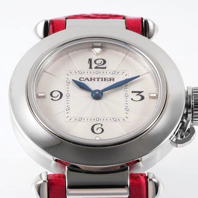 PASHA DE CARTIER WATCH SILVER CASE WITH CHERRY RED LEATHER STRAP