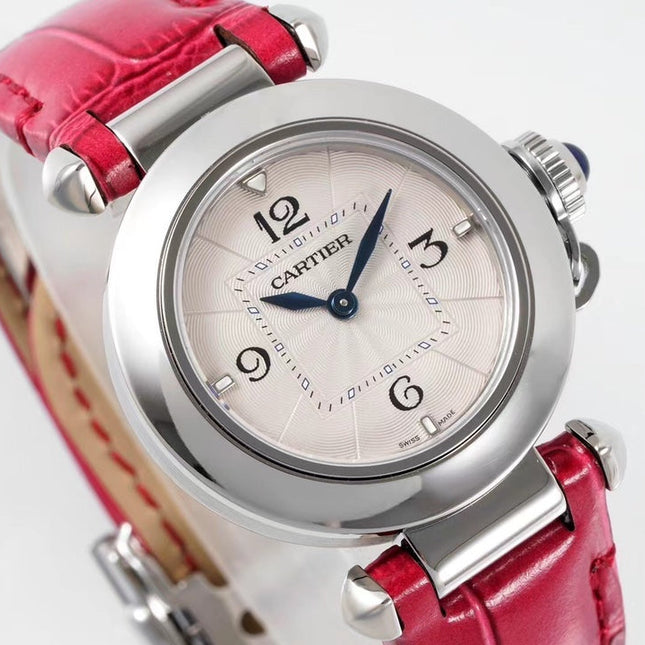 PASHA DE CARTIER WATCH SILVER CASE WITH CHERRY RED LEATHER STRAP