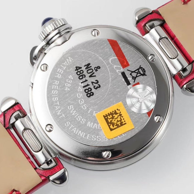 PASHA DE CARTIER WATCH SILVER CASE WITH CHERRY RED LEATHER STRAP
