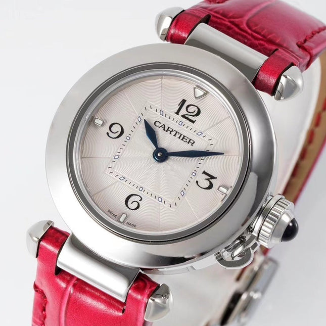 PASHA DE CARTIER WATCH SILVER CASE WITH CHERRY RED LEATHER STRAP