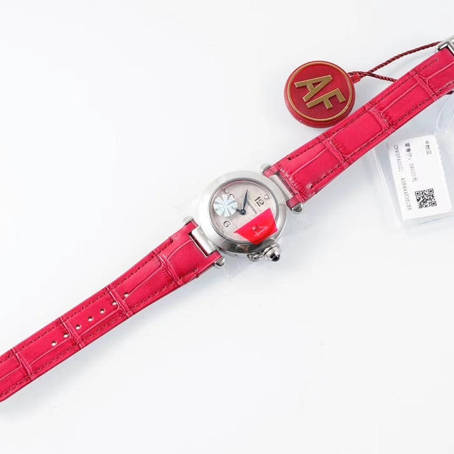 PASHA DE CARTIER WATCH SILVER CASE WITH CHERRY RED LEATHER STRAP
