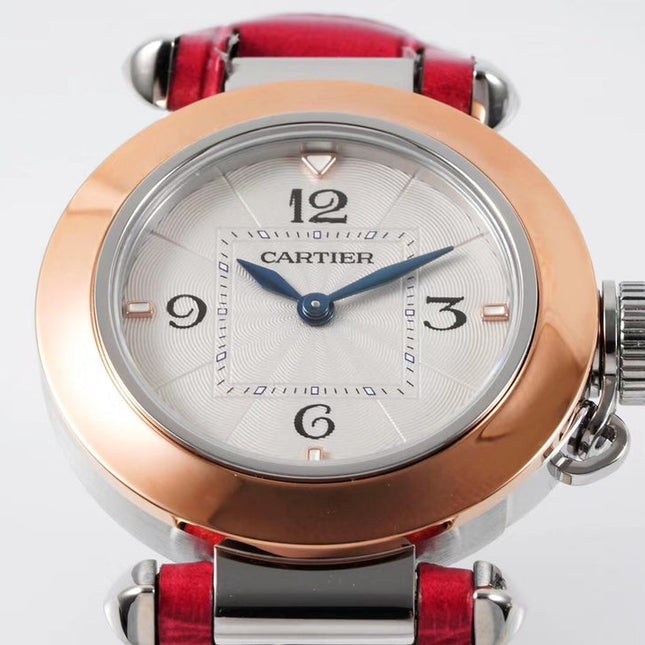 PASHA DE CARTIER WATCH ROSE GOLD AND SILVER CASE WITH CHERRY RED LEATHER STRAP