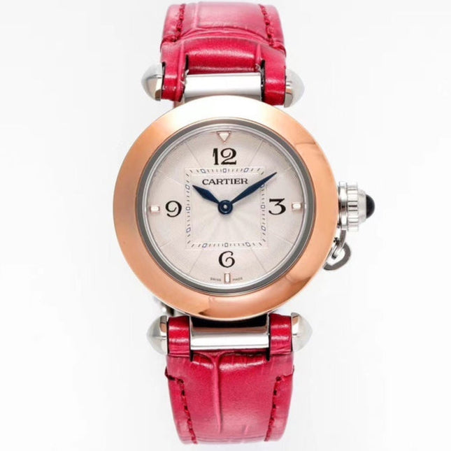 PASHA DE CARTIER WATCH ROSE GOLD AND SILVER CASE WITH CHERRY RED LEATHER STRAP