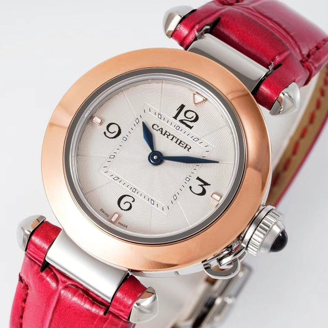 PASHA DE CARTIER WATCH ROSE GOLD AND SILVER CASE WITH CHERRY RED LEATHER STRAP