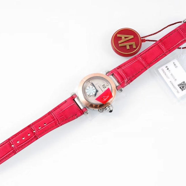 PASHA DE CARTIER WATCH ROSE GOLD AND SILVER CASE WITH CHERRY RED LEATHER STRAP