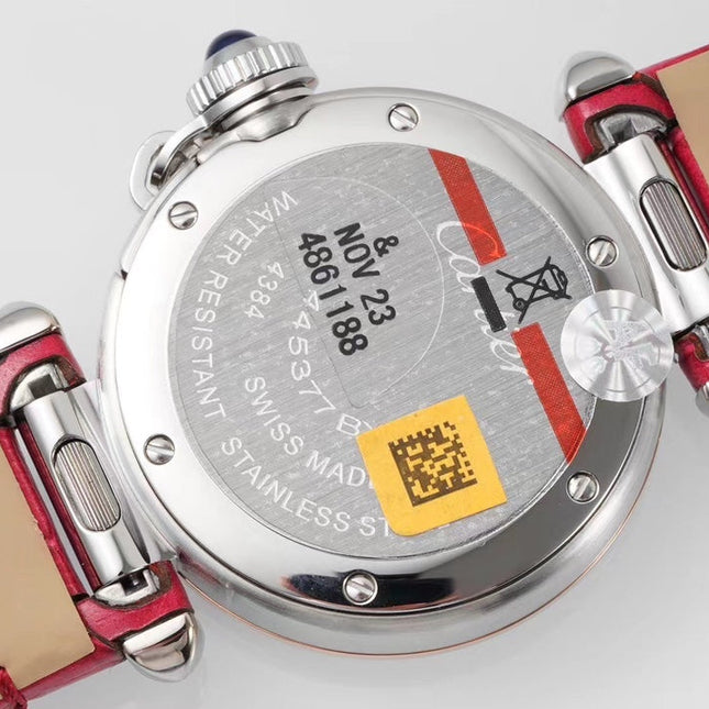 PASHA DE CARTIER WATCH ROSE GOLD AND SILVER CASE WITH CHERRY RED LEATHER STRAP