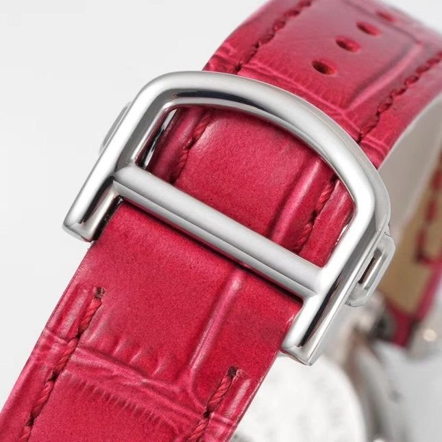 PASHA DE CARTIER WATCH ROSE GOLD AND SILVER CASE WITH CHERRY RED LEATHER STRAP