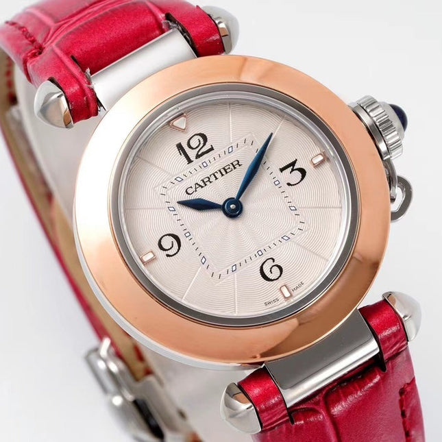 PASHA DE CARTIER WATCH ROSE GOLD AND SILVER CASE WITH CHERRY RED LEATHER STRAP