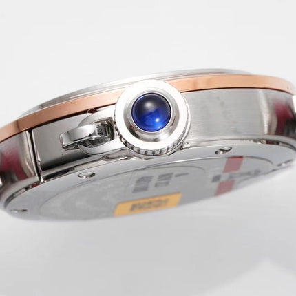 PASHA DE CARTIER WATCH ROSE GOLD AND SILVER CASE WITH CHERRY RED LEATHER STRAP