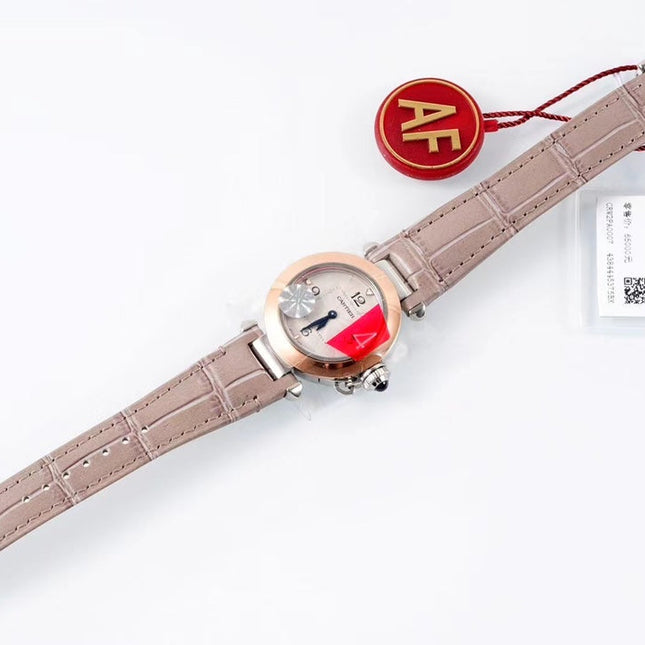 PASHA DE CARTIER WATCH ROSE GOLD AND SILVER CASE AND ROSE BROWN LEATHER STRAP