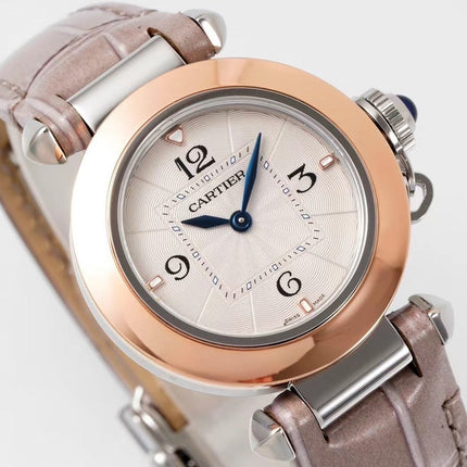 PASHA DE CARTIER WATCH ROSE GOLD AND SILVER CASE AND ROSE BROWN LEATHER STRAP