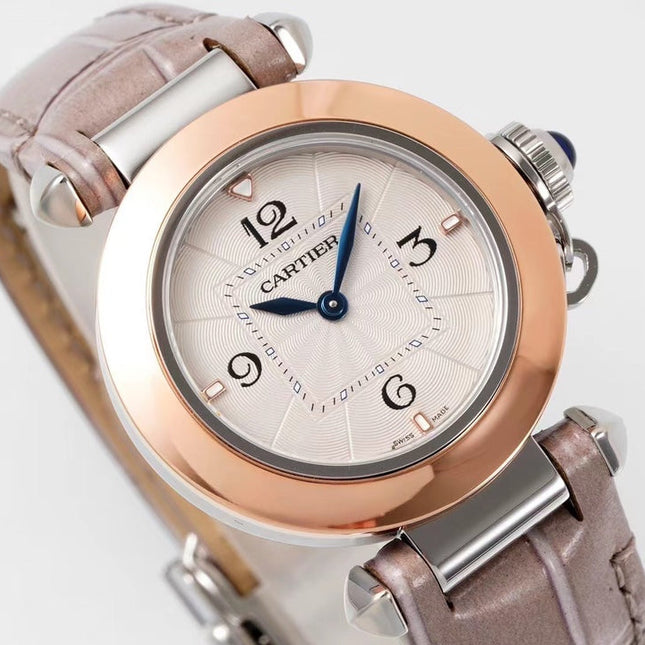 PASHA DE CARTIER WATCH ROSE GOLD AND SILVER CASE AND ROSE BROWN LEATHER STRAP