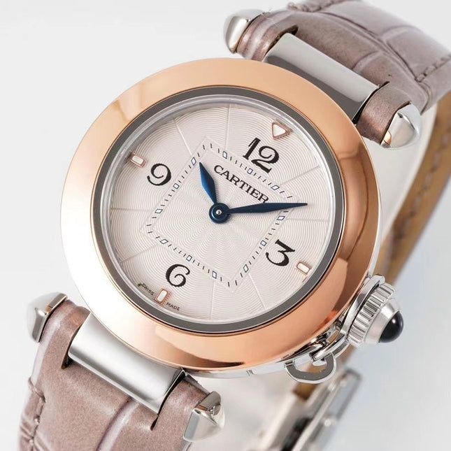 PASHA DE CARTIER WATCH ROSE GOLD AND SILVER CASE AND ROSE BROWN LEATHER STRAP