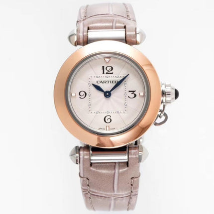 PASHA DE CARTIER WATCH ROSE GOLD AND SILVER CASE AND ROSE BROWN LEATHER STRAP