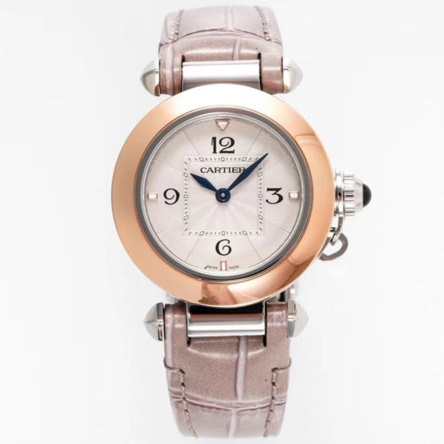 PASHA DE CARTIER WATCH ROSE GOLD AND SILVER CASE AND ROSE BROWN LEATHER STRAP