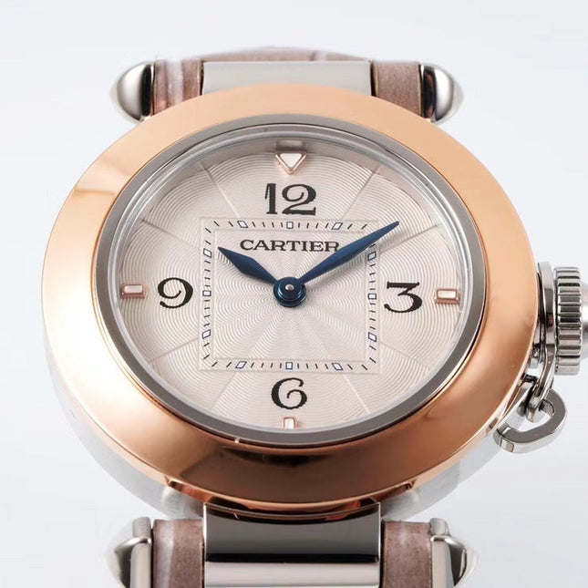 PASHA DE CARTIER WATCH ROSE GOLD AND SILVER CASE AND ROSE BROWN LEATHER STRAP