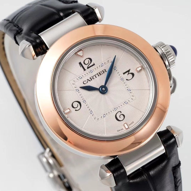 PASHA DE CARTIER WATCH ROSE GOLD AND SILVER CASE AND BLACK LEATHER STRAP