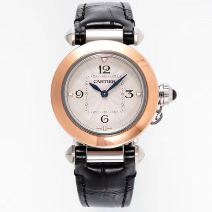 PASHA DE CARTIER WATCH ROSE GOLD AND SILVER CASE AND BLACK LEATHER STRAP