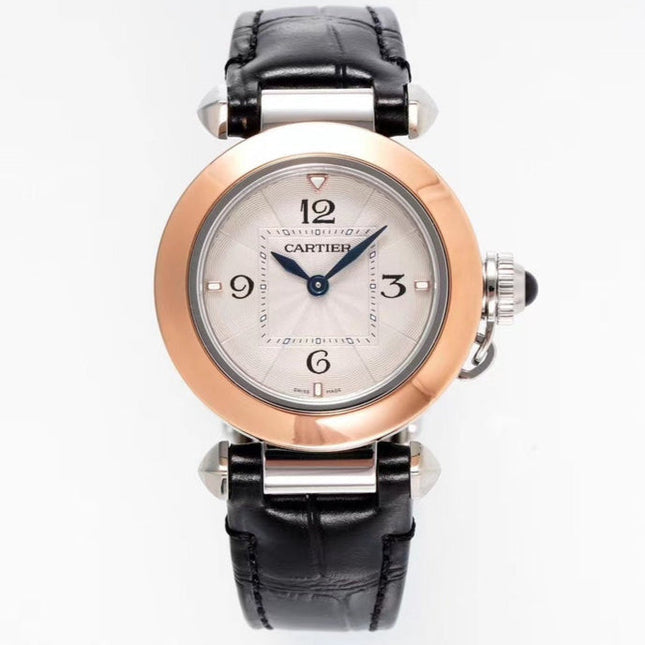 PASHA DE CARTIER WATCH ROSE GOLD AND SILVER CASE AND BLACK LEATHER STRAP